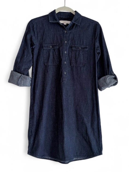 LOFT Dresses & Skirts - Loft Cotton Silk Blend Roll Sleeve Denim Shirt Dress Size XS